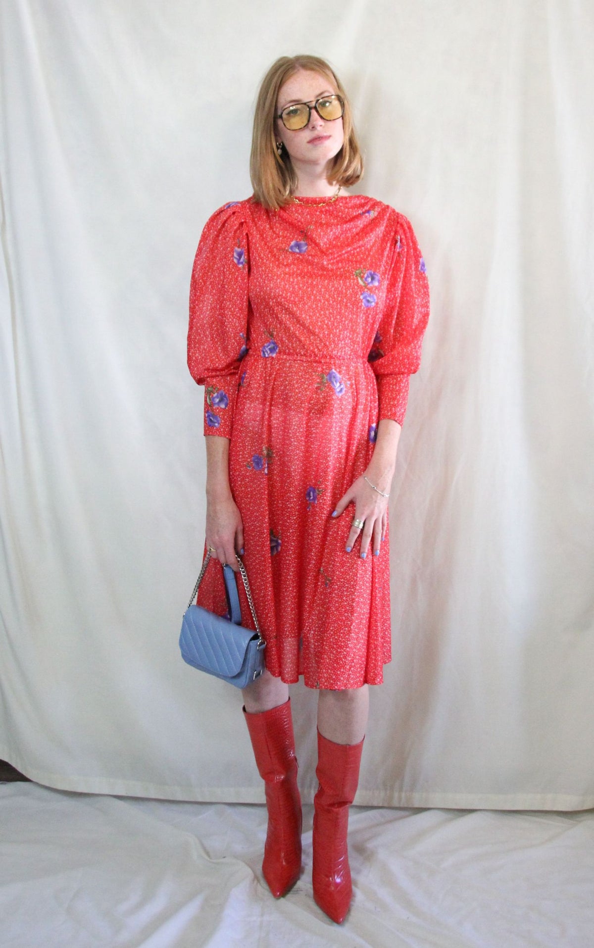 Rent vintage red printed dress with puff sleeves and elasticated waist