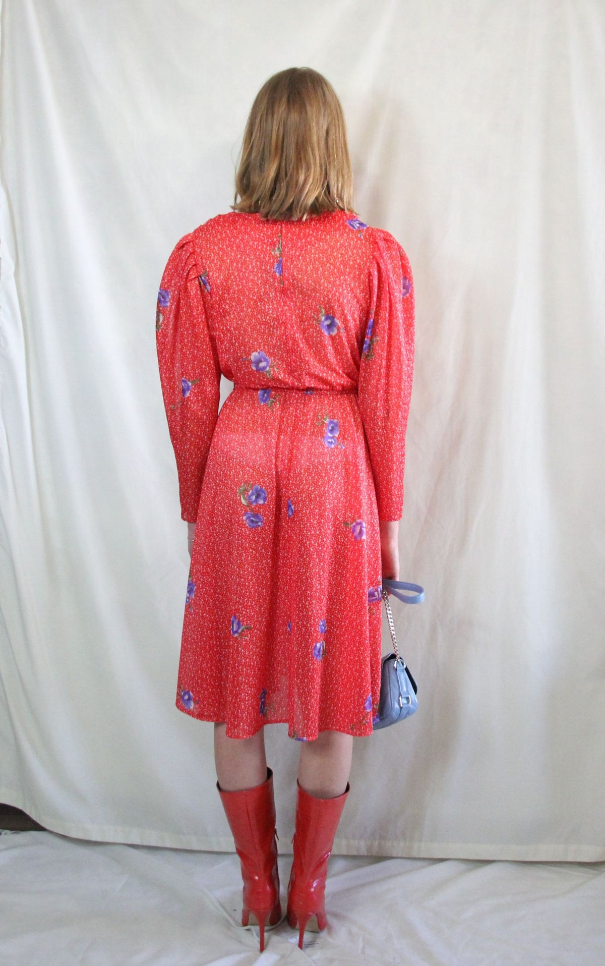 Rent vintage red printed dress with puff sleeves and elasticated waist