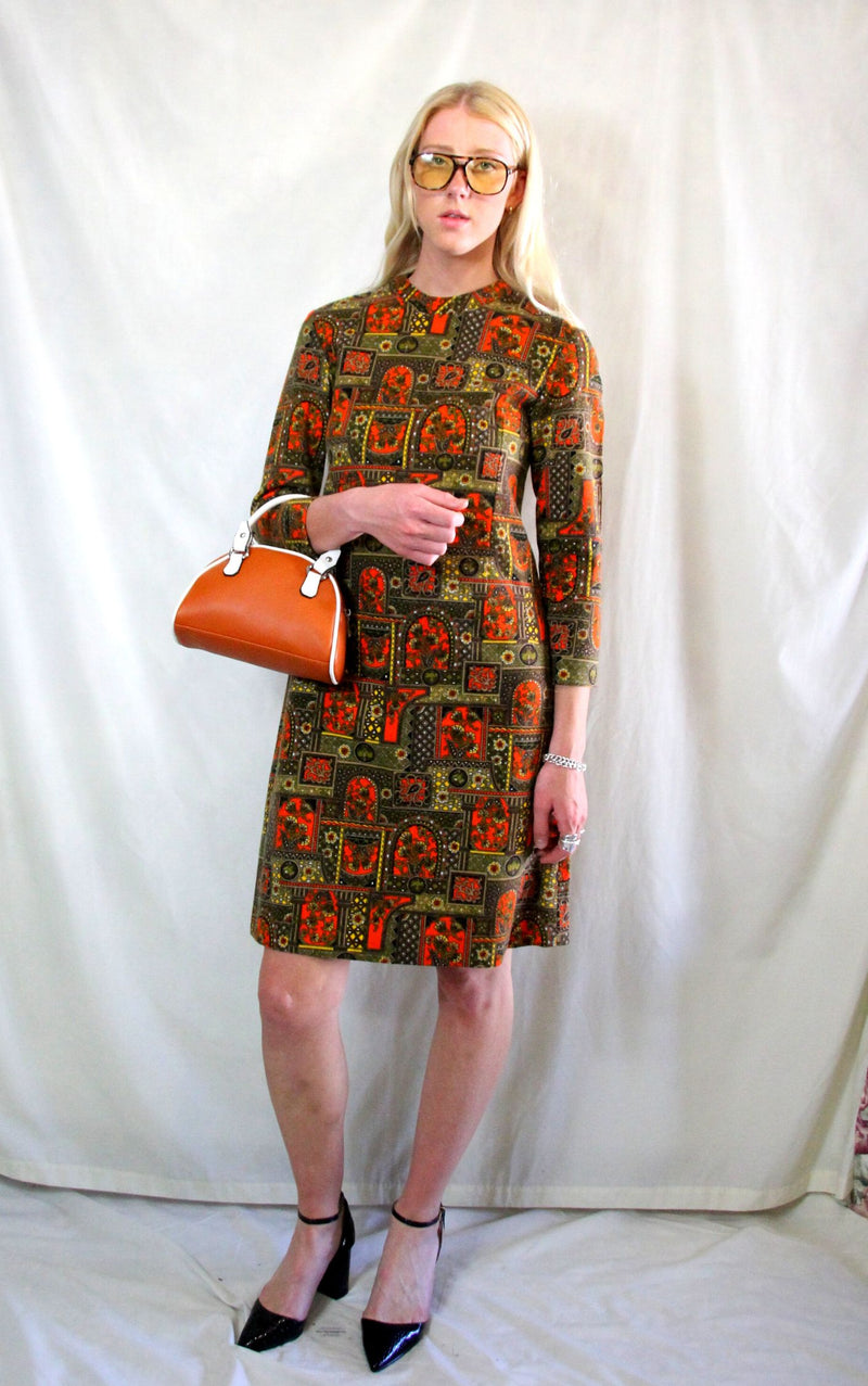 Rent vintage tapestry dress with midi sleeves and back zip to close