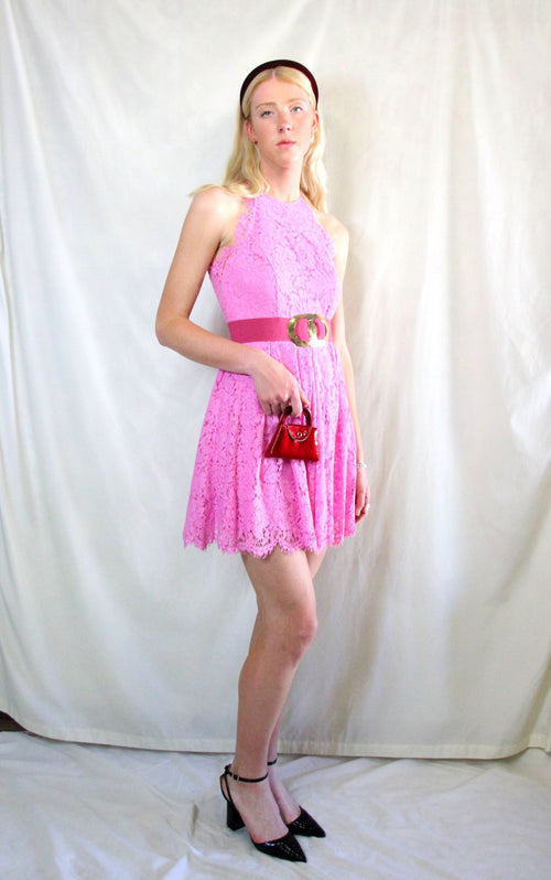 Rent bold pink mini lace skater dress and elasticated belt 