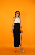 Rent black vintage maxi dress with ivory trim top and back zip to close