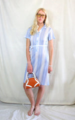 Rent vintage 1970's printed blue, white and brown midi airtex shirt dress