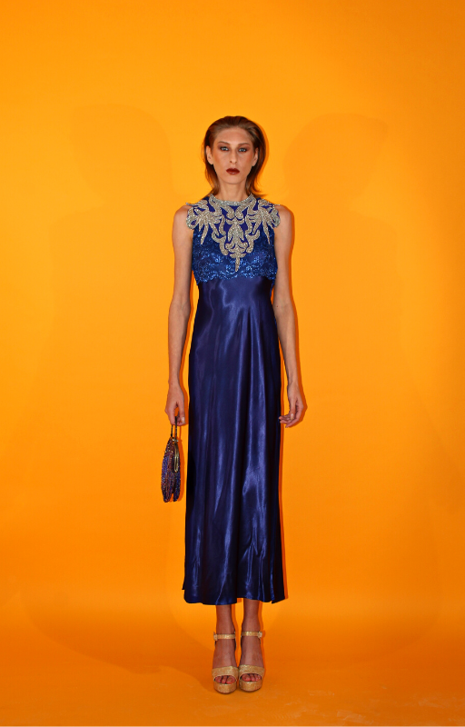 Rent blue vintage maxi dress with lace over lay