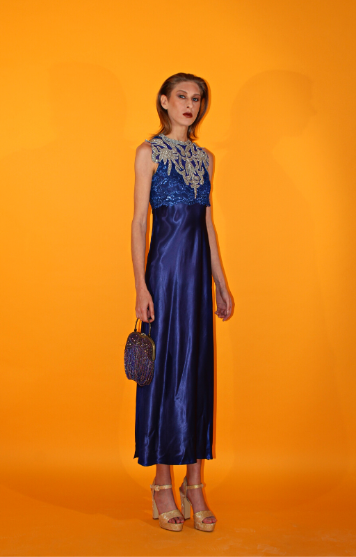 Rent blue vintage maxi dress with lace over lay