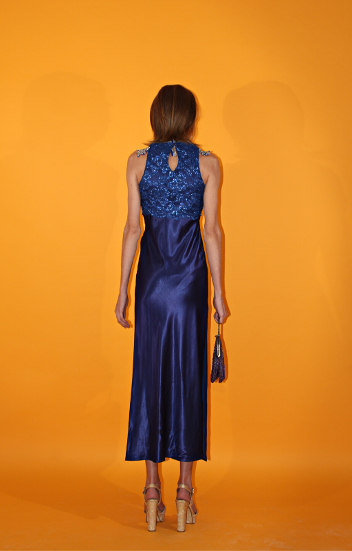 Rent blue vintage maxi dress with lace over lay