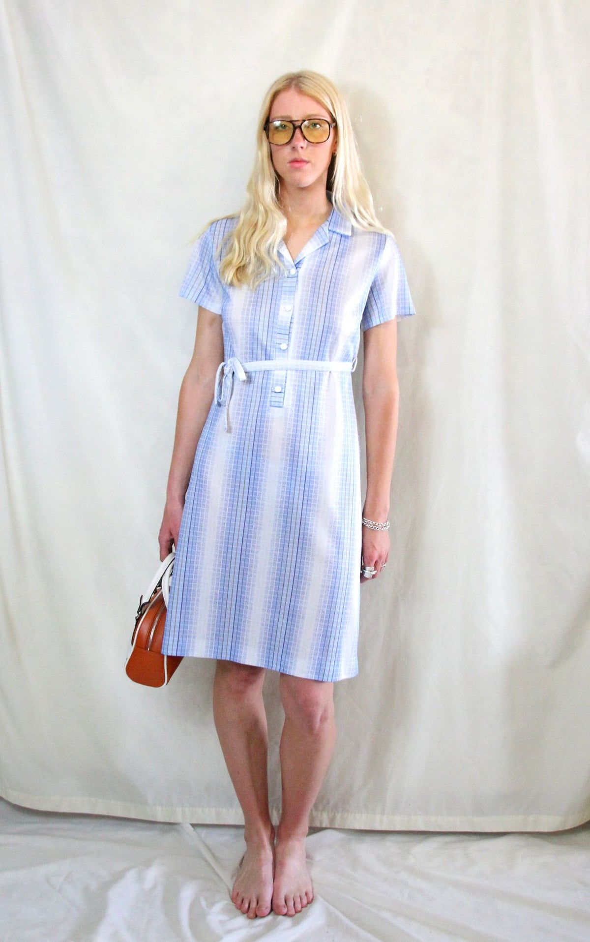 Rent vintage 1970's printed blue, white and brown midi airtex shirt dress