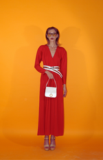 Rent red vintage long sleeved maxi dress and matching vintage leather belt