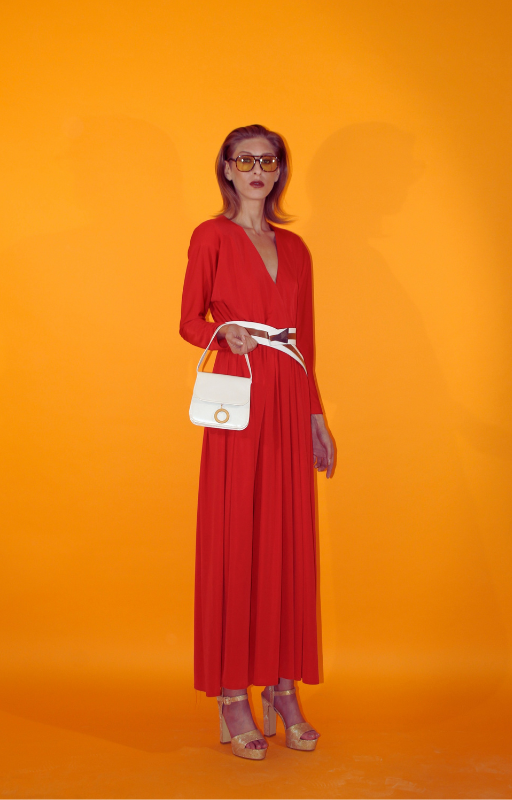 Rent red vintage long sleeved maxi dress and matching vintage leather belt