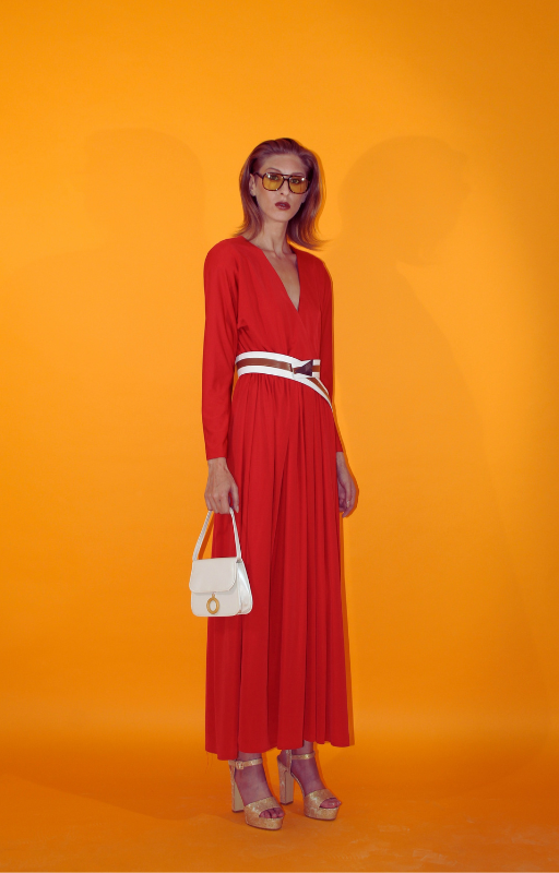 Rent red vintage long sleeved maxi dress and matching vintage leather belt