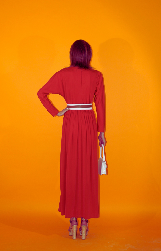 Rent red vintage long sleeved maxi dress and matching vintage leather belt