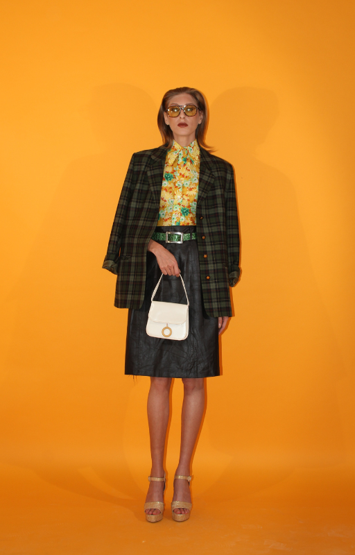 Rent upcycled vintage green tone tartan style blazer jacket with raw elasticated waist tie