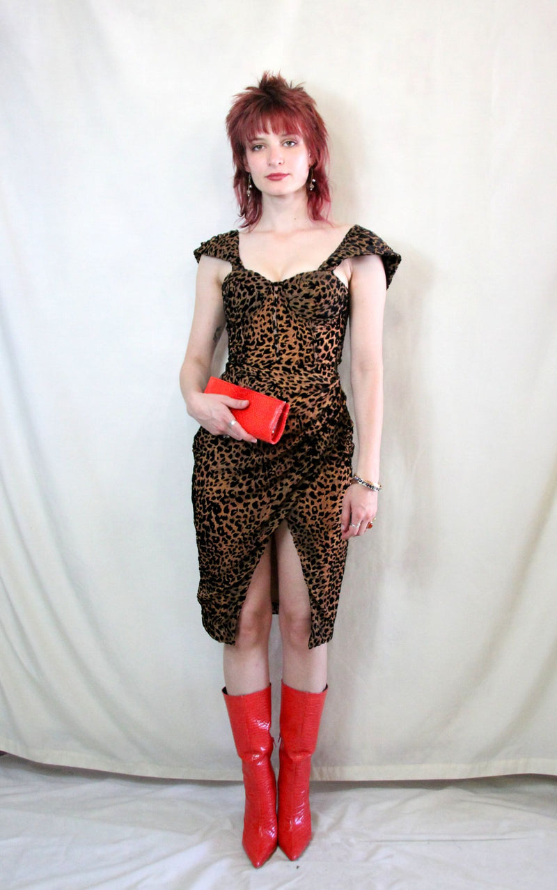 Rent Leopard print off the shoulder bra cup midi pencil dress