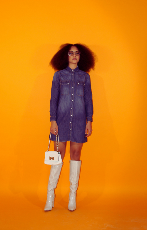Rent vintage denim mini shirt dress with customised hand made contrast collar