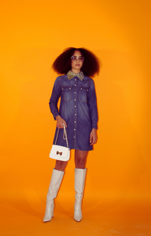 Rent vintage denim mini shirt dress with customised hand made contrast collar