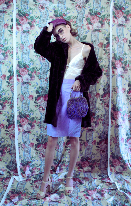 Rent vintage lilac restored vintage pencil skirt, ivory underwear body suit and faux fur coat