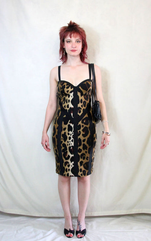Rent Body Con Leopard Print Party Dress with detachable straps and front cups and back zip