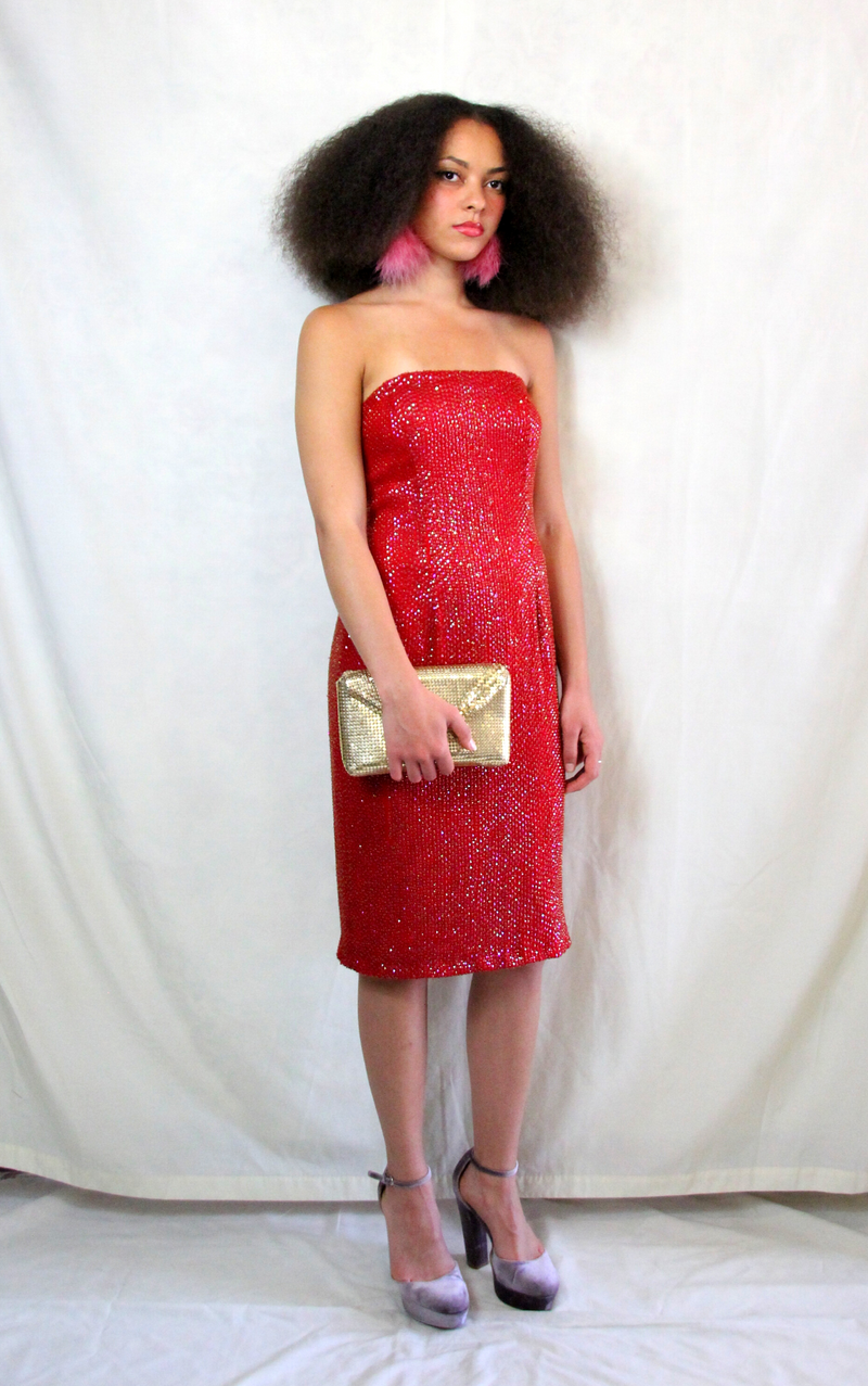 Rent red vintage sequin pencil dress in midi length in sleeveless style