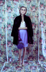 Rent vintage lilac restored vintage pencil skirt, ivory underwear body suit and faux fur coat