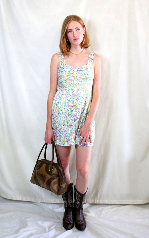 Floral summer mini dress with front buttons and elasticated sleeves