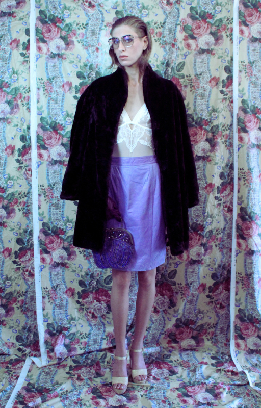 Rent vintage lilac restored vintage pencil skirt, ivory underwear body suit and faux fur coat