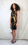 Rent Black pencil dress with gold gladiator print and back zip 