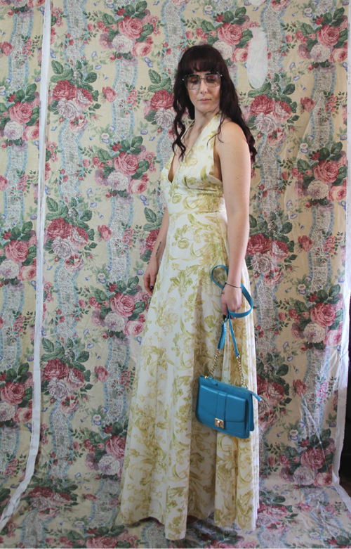 Rent Maxi 70's Maxi Halter Neck Dress made at our Bristol Studio from Vintage Mulberry fabric