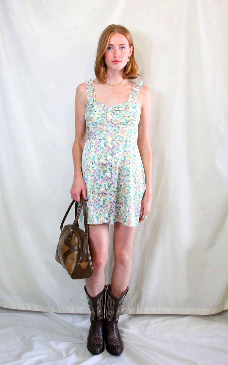 Floral summer mini dress with front buttons and elasticated sleeves
