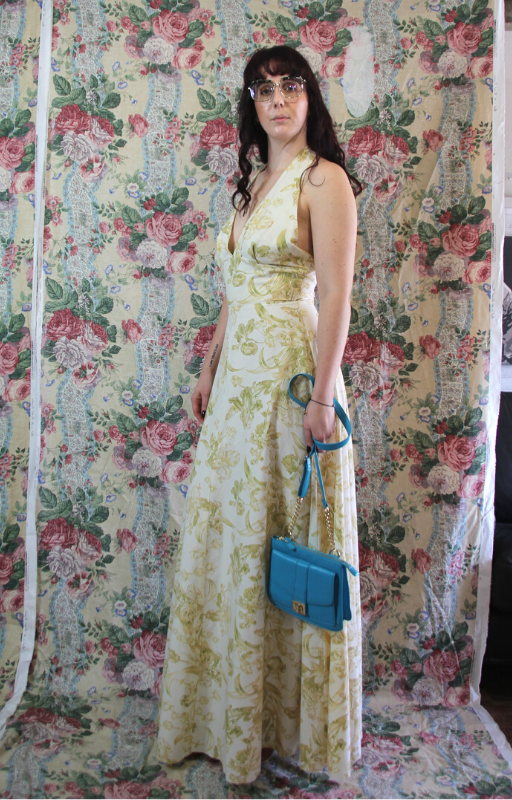Rent Maxi 70's Maxi Halter Neck Dress made at our Bristol Studio from Vintage Mulberry fabric