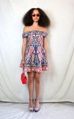 Rent Paisley tapestry print Bardot dress in navy red and white print with back zip and elasticated arms
