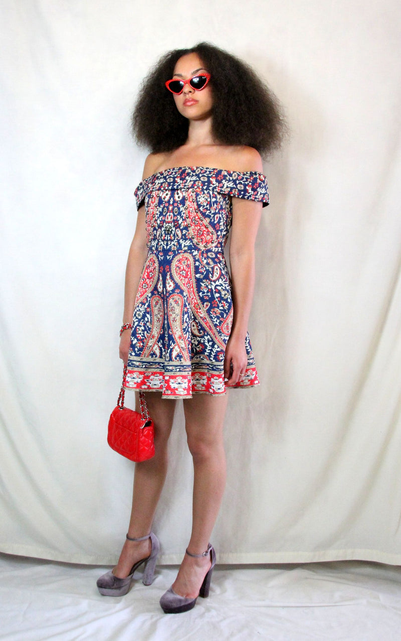 Rent Paisley tapestry print Bardot dress in navy red and white print with back zip and elasticated arms