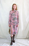 Rent 1970s style pink and green print dress with high neck and side splitRent 1970s style pink and green print dress with high neck and side split