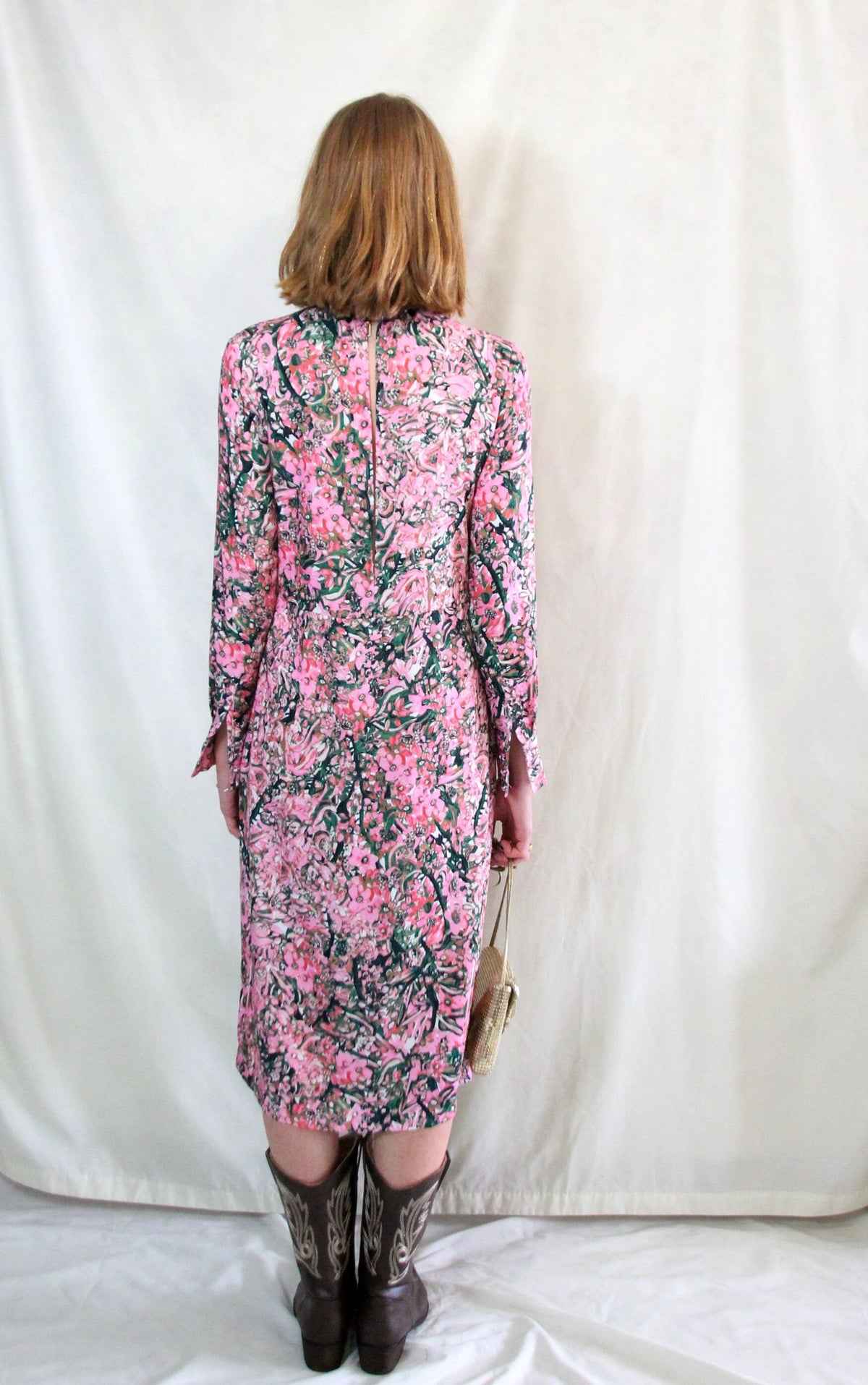 Rent 1970s style pink and green print dress with high neck and side split