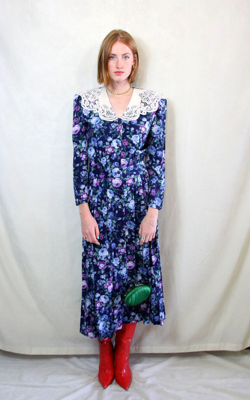 Rent Vintage Prairie dress in maxi length with lace trim collar 
