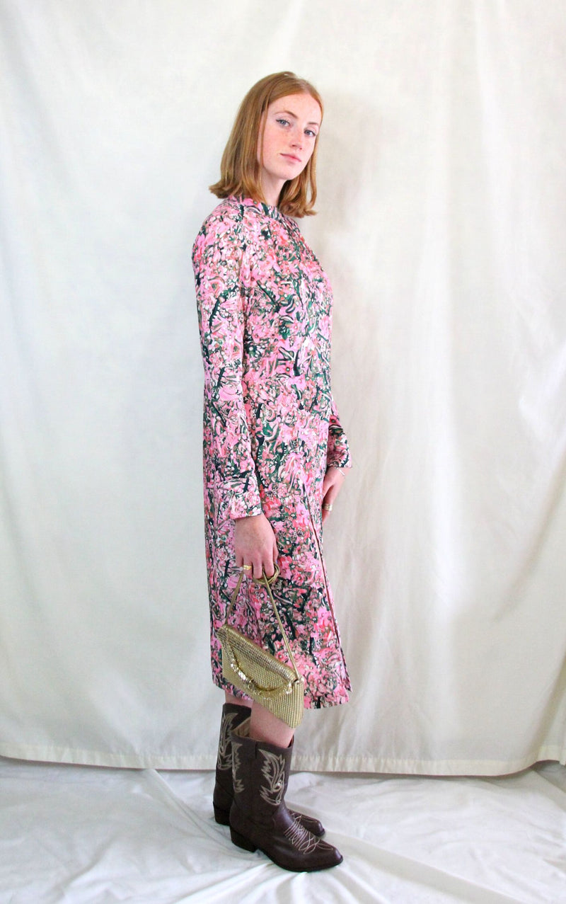 Rent 1970s style pink and green print dress with high neck and side split