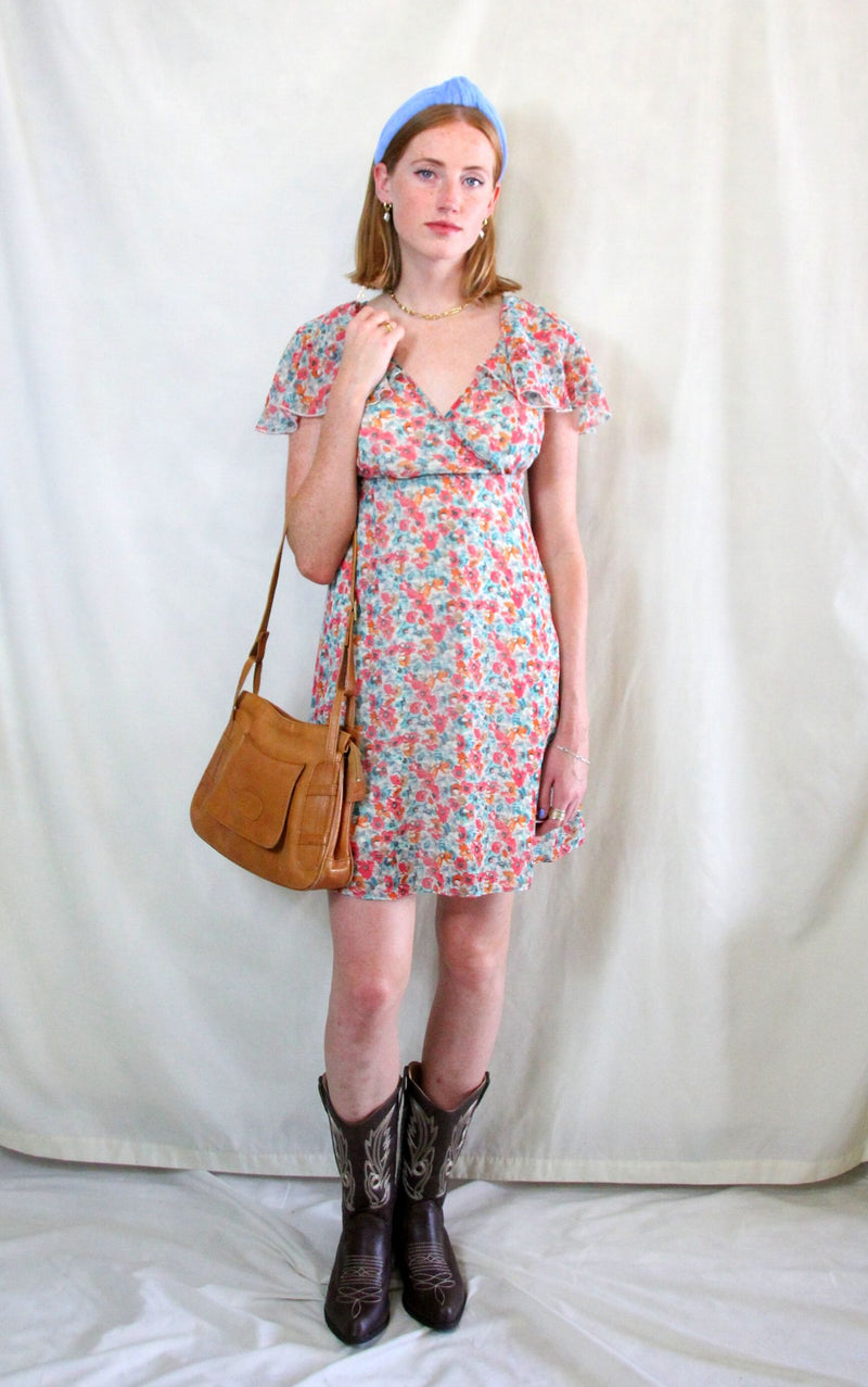 Vintage floral tea dress with bib collar and wrap front in pink and blue floral print