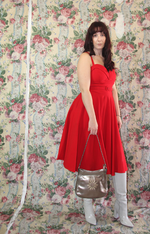 Rent 50's style bright red midi dress with zip to close, adjustable straps and matching belt