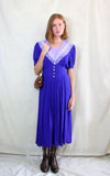 Rent vintage cobalt blue midi dress with elasticated back, back zipper and front decorative buttons