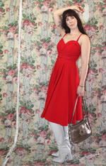 Rent 50's style bright red midi dress with zip to close, adjustable straps and matching belt
