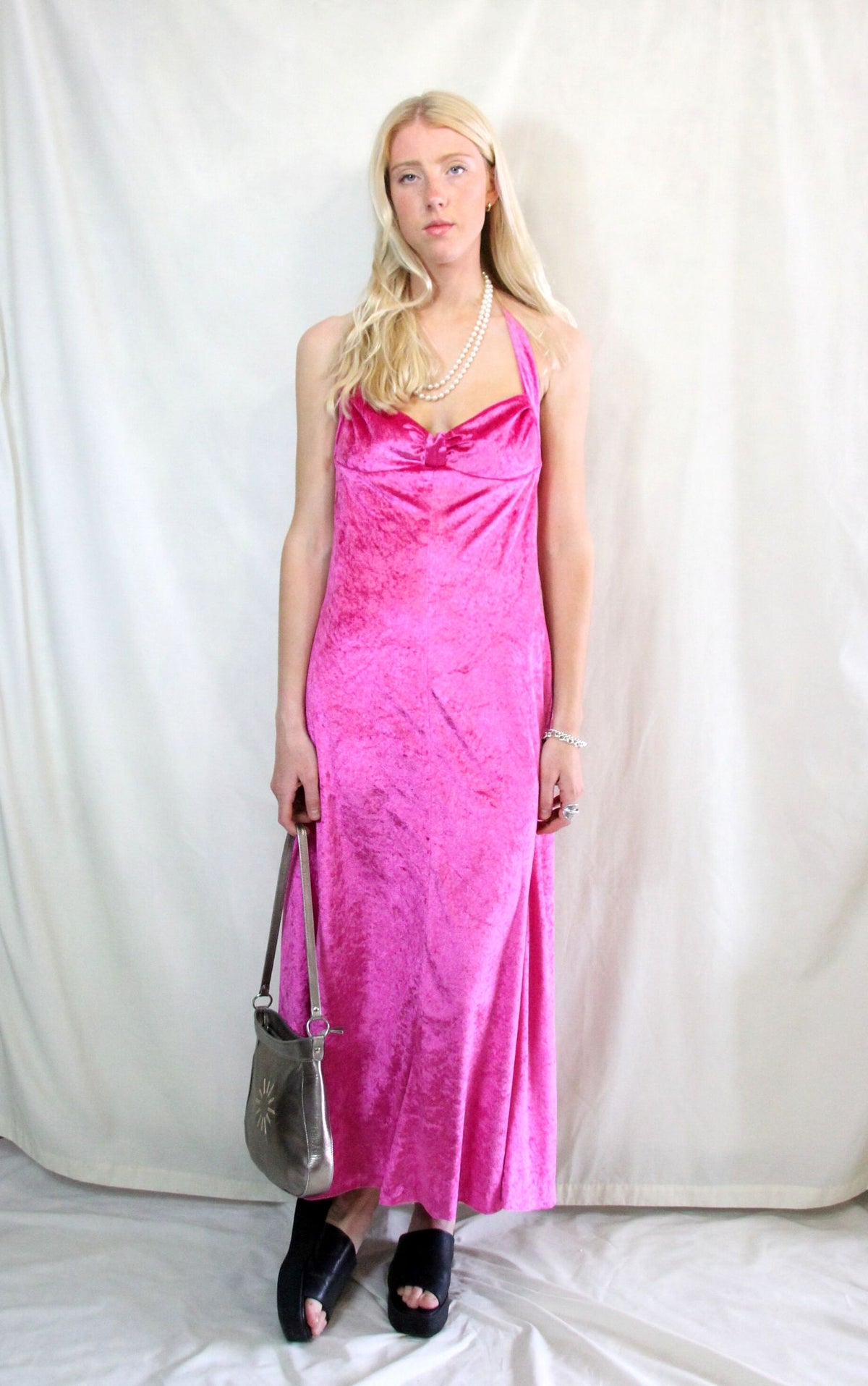 Rent handmade 1970's custom bright pink maxi halter neck dress