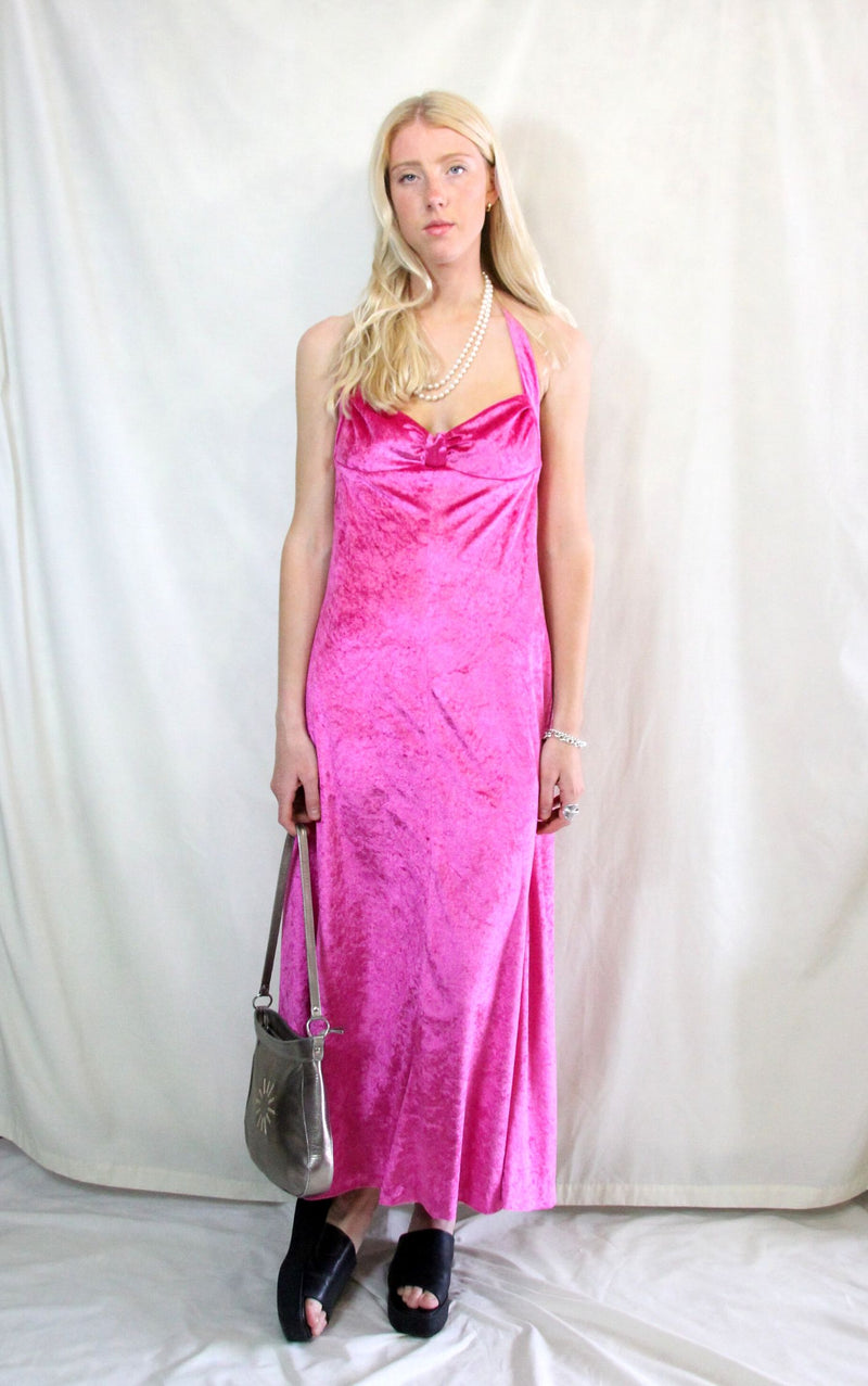 Rent handmade 1970's custom bright pink maxi halter neck dress