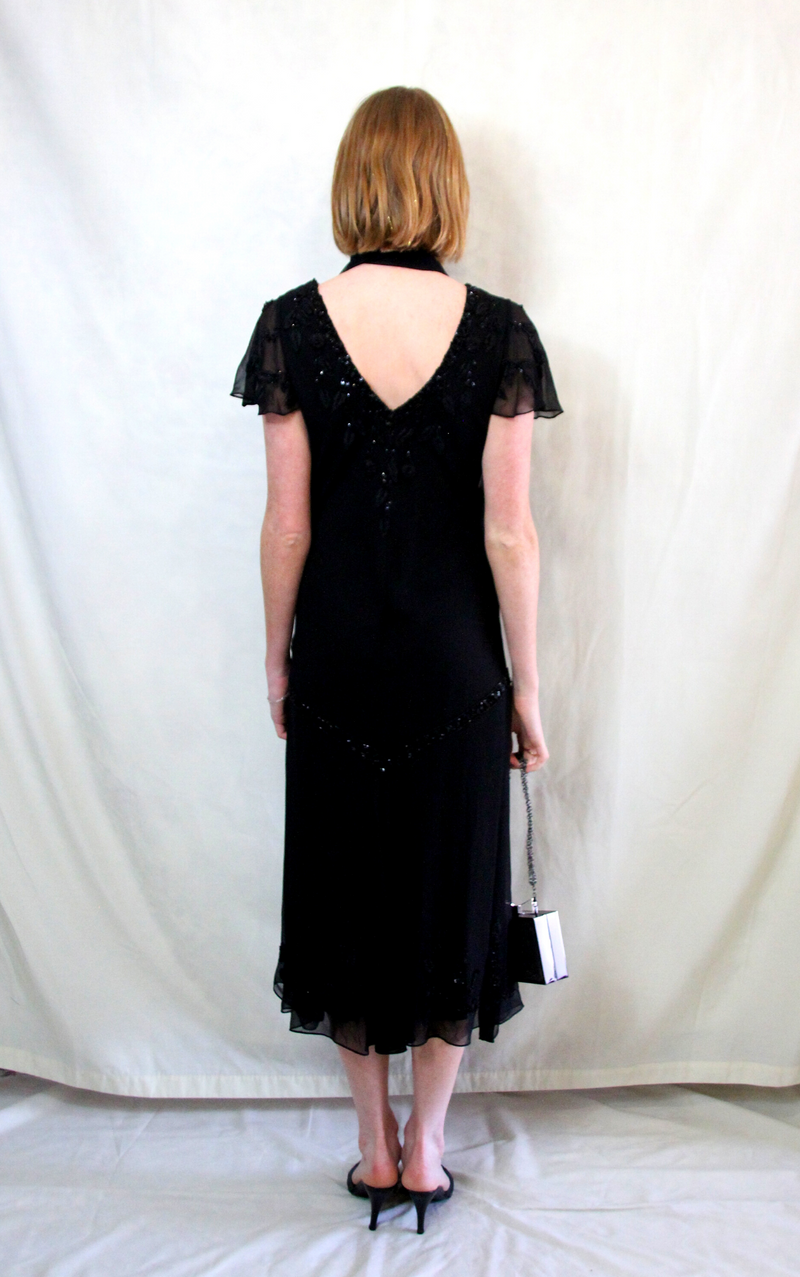 Rent vintage chiffon black Gatsby dress with 1920s modern day finish and matching scarf