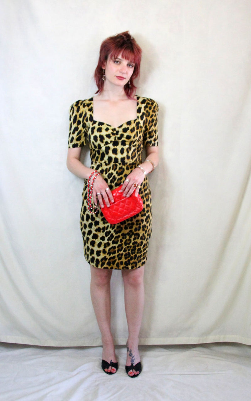 Rent Vintage leopard print sweetheart neck pencil dress 