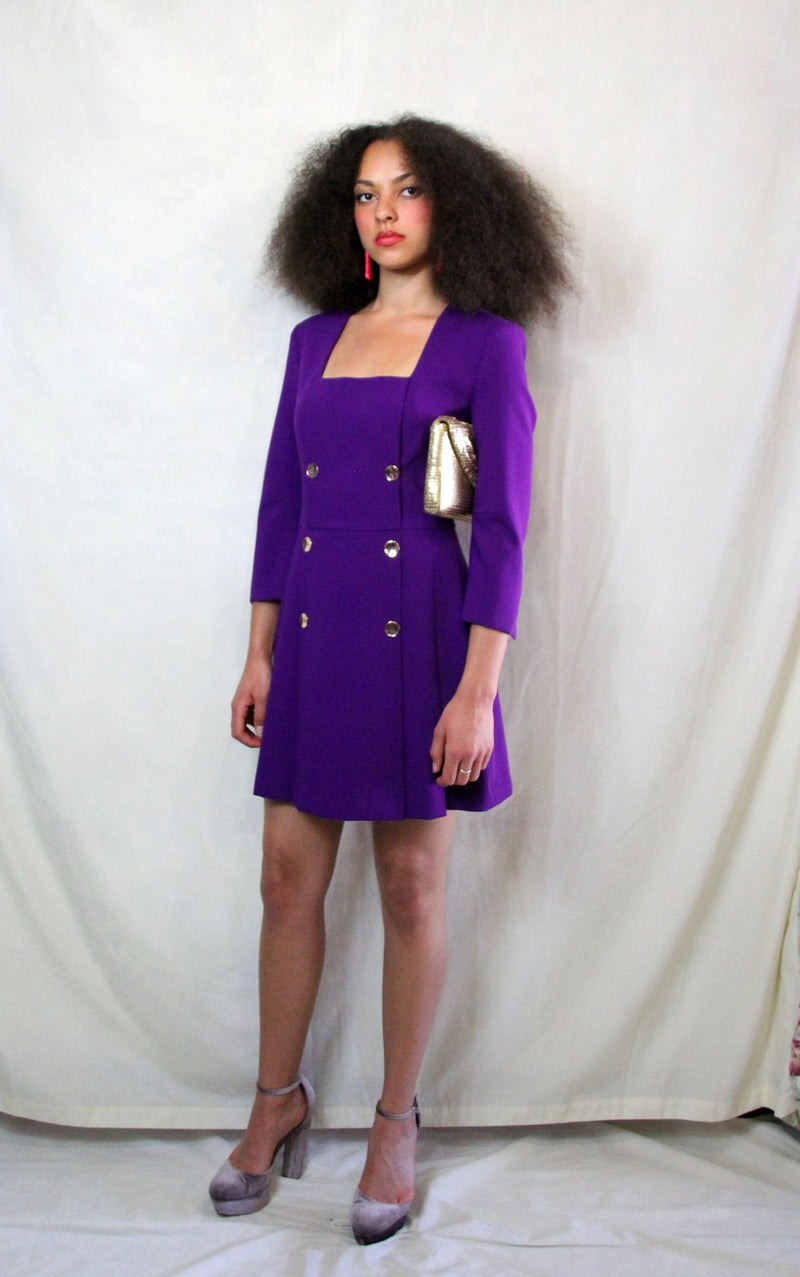 Deep Purple Mini Blazer Dress with Gold Buttons and front pleats