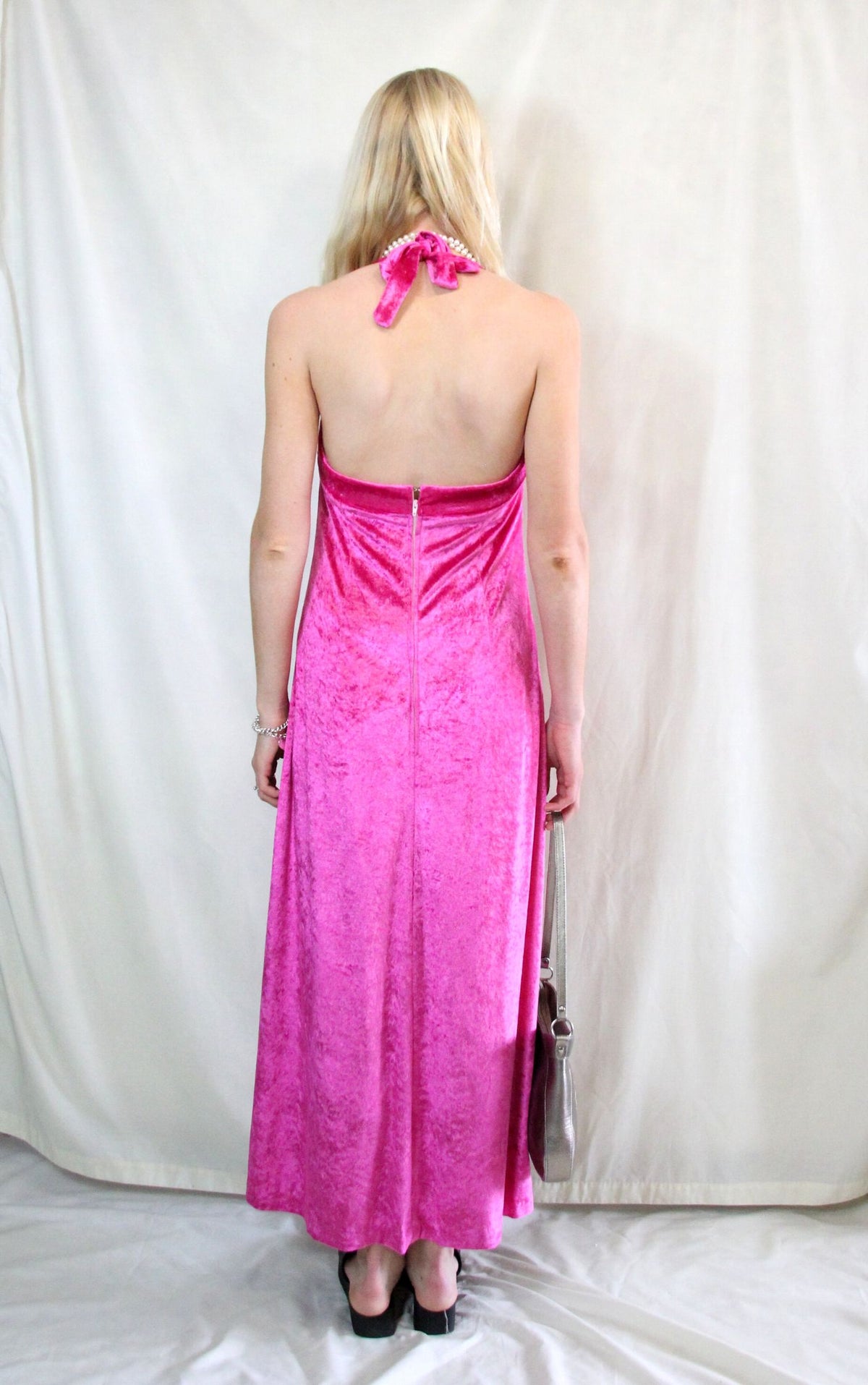 Rent handmade 1970's custom bright pink maxi halter neck dress