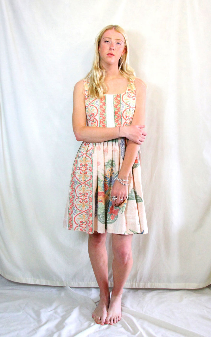 Rent custom upcycled skater dress made with vintage upholstery material