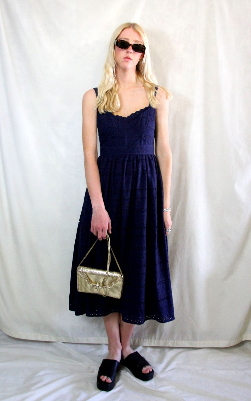 Rent Broderie navy blue midi summer skater dress with back zip and sweetheart neckline