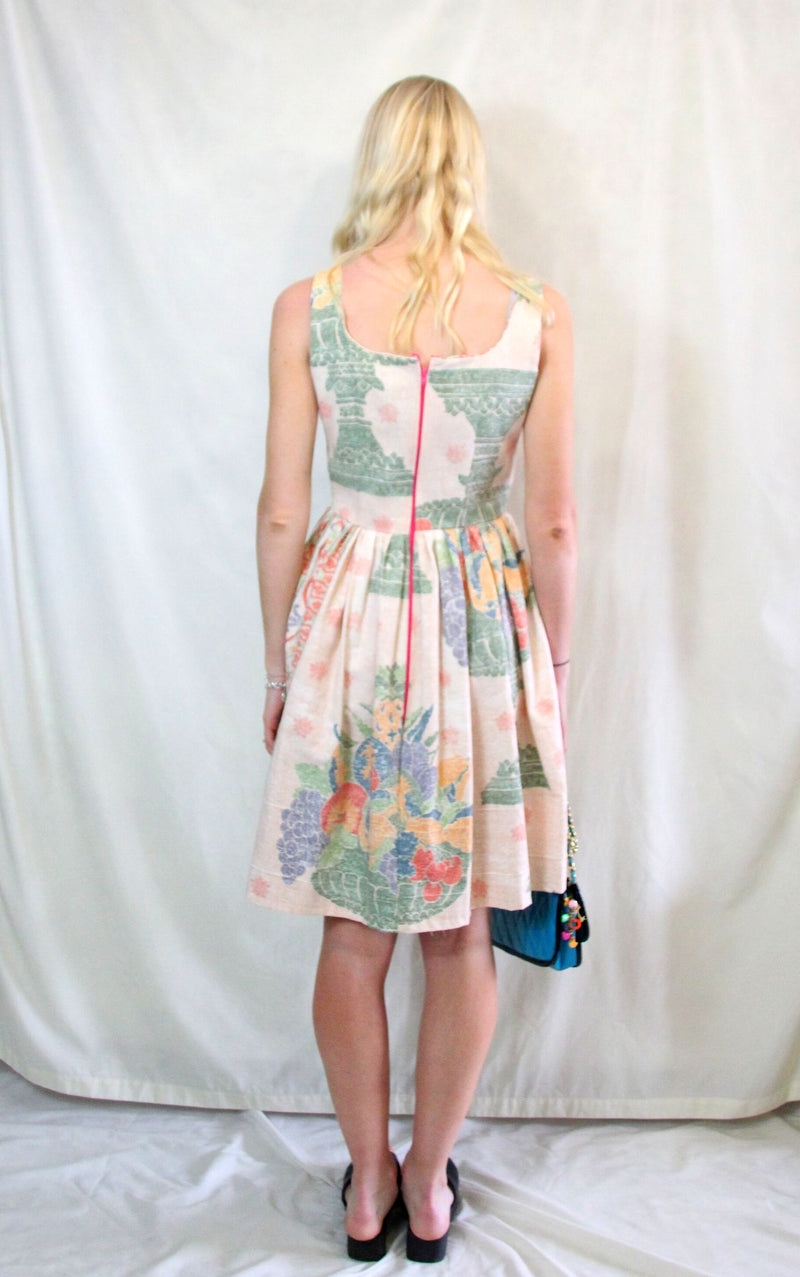 Rent custom upcycled skater dress made with vintage upholstery material