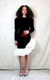 Rent black velvet pencil cocktail dress with exaggerated unique white ruffles 