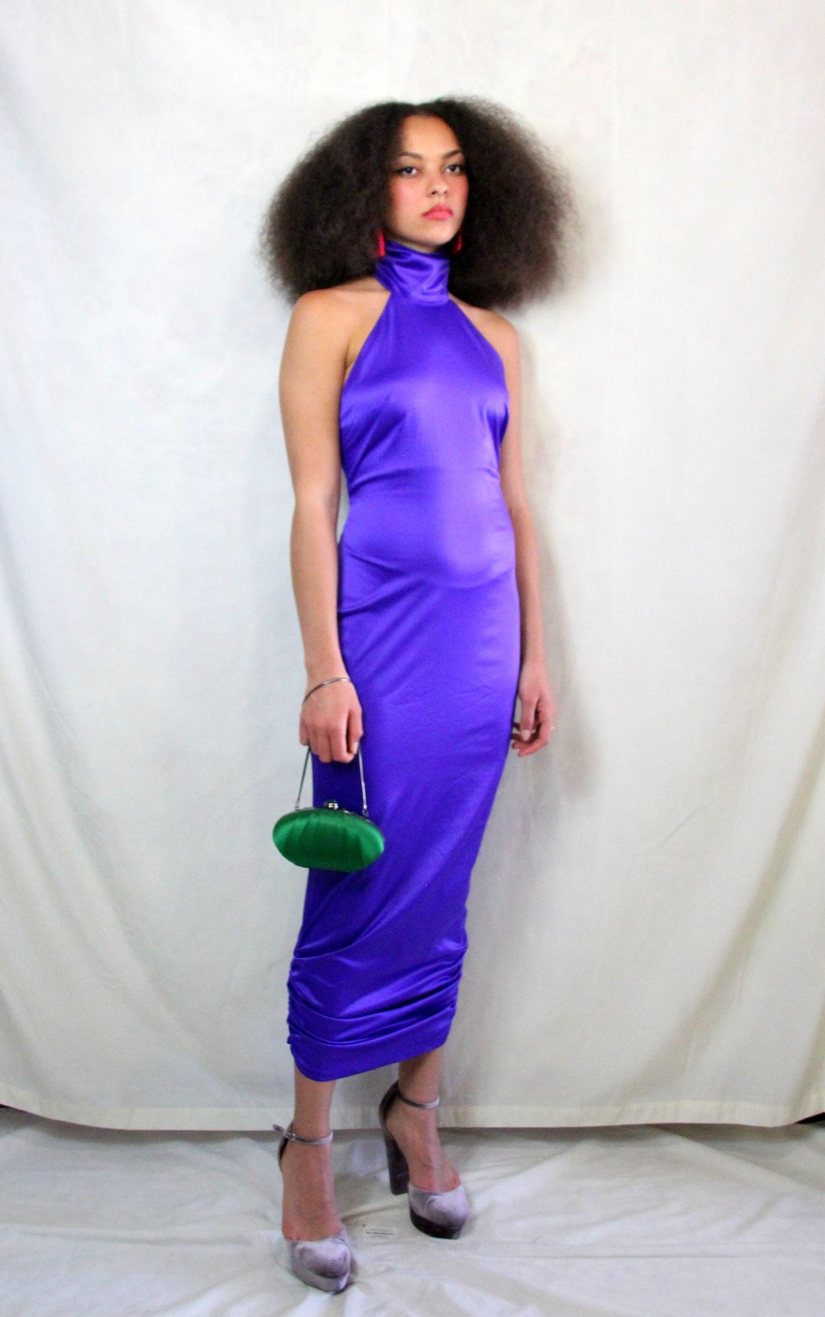 Rent Satin look bright purple maxi dress with high neck halter neck, backless button up detailed collar and back zip Rent Satin look bright purple maxi dress with high neck halter neck, backless button up detailed collar and back zip 