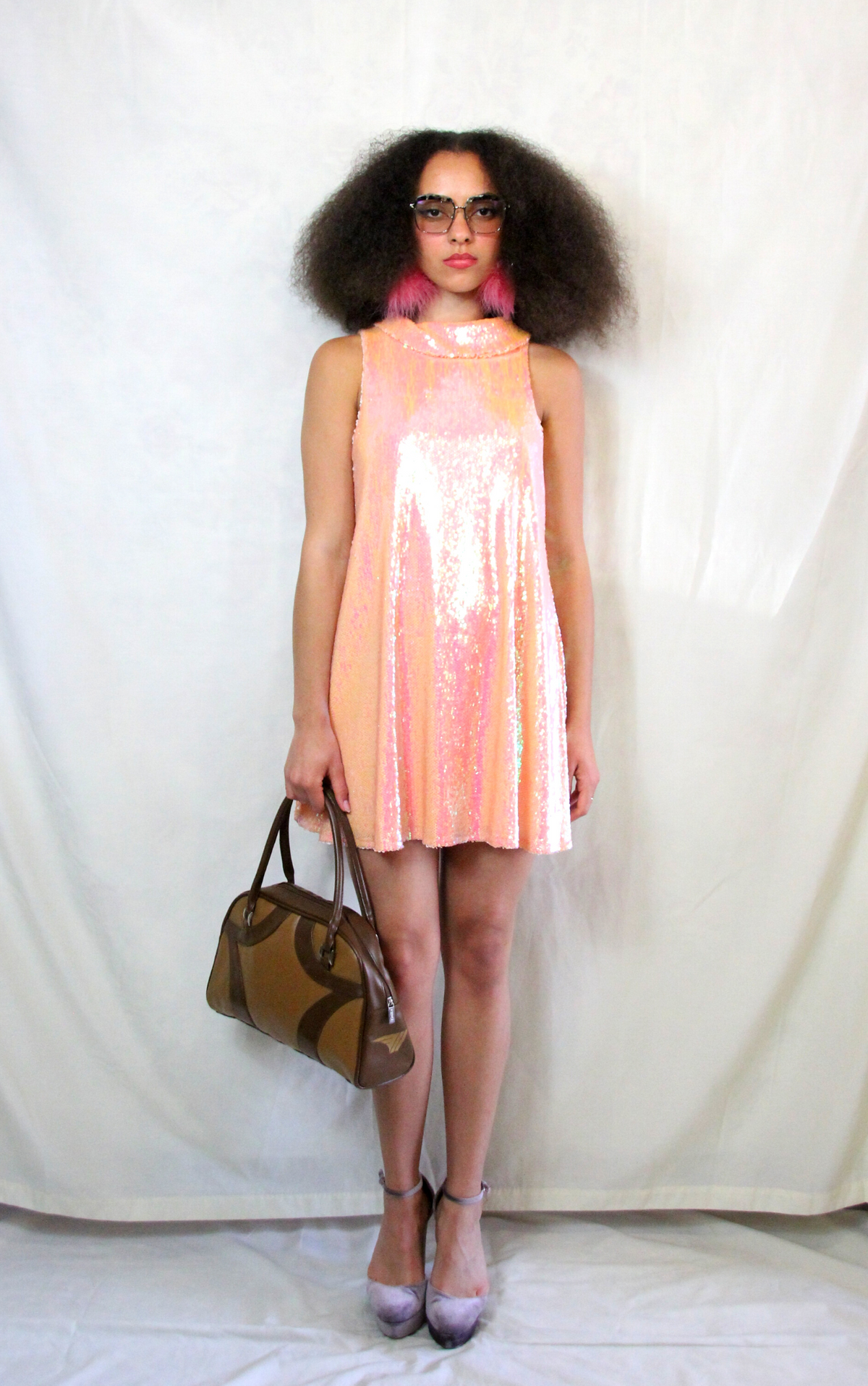 Rent orange Y2K sequin disco dress in swing style